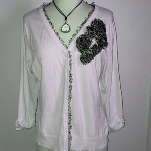 White Sweater with Leopard Trim Button Up